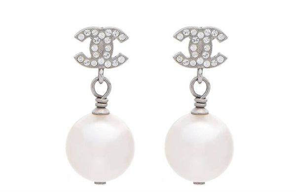 Chanel CC Drop Earrings Crystal Pearl Silver