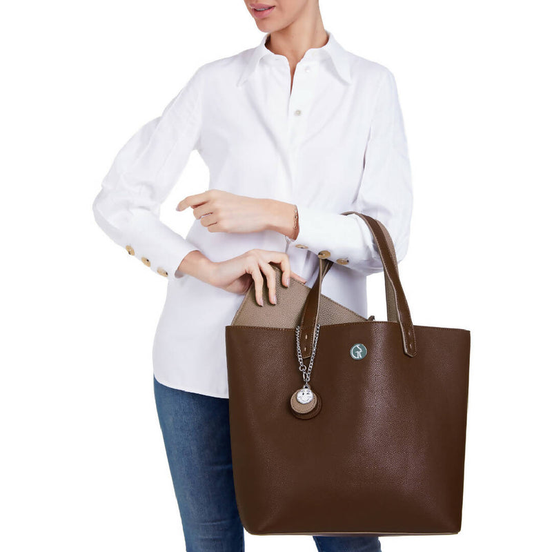 The Morphbag by GSK REVERSIBLE VEGAN TOTE IN CHOCOLATE BROWN AND TAUPE BEIGE