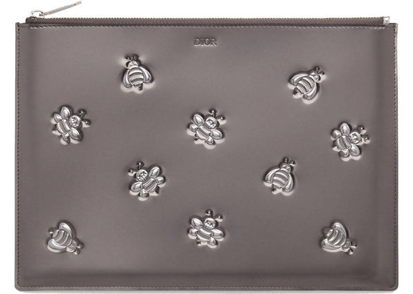 Dior x Kaws Pouch Calfskin Bee Print Silver in Calfskin with Silver-tone