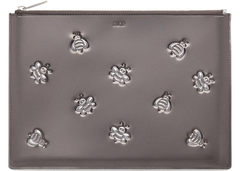 Dior x Kaws Pouch Calfskin Bee Print Silver in Calfskin with Silver-tone