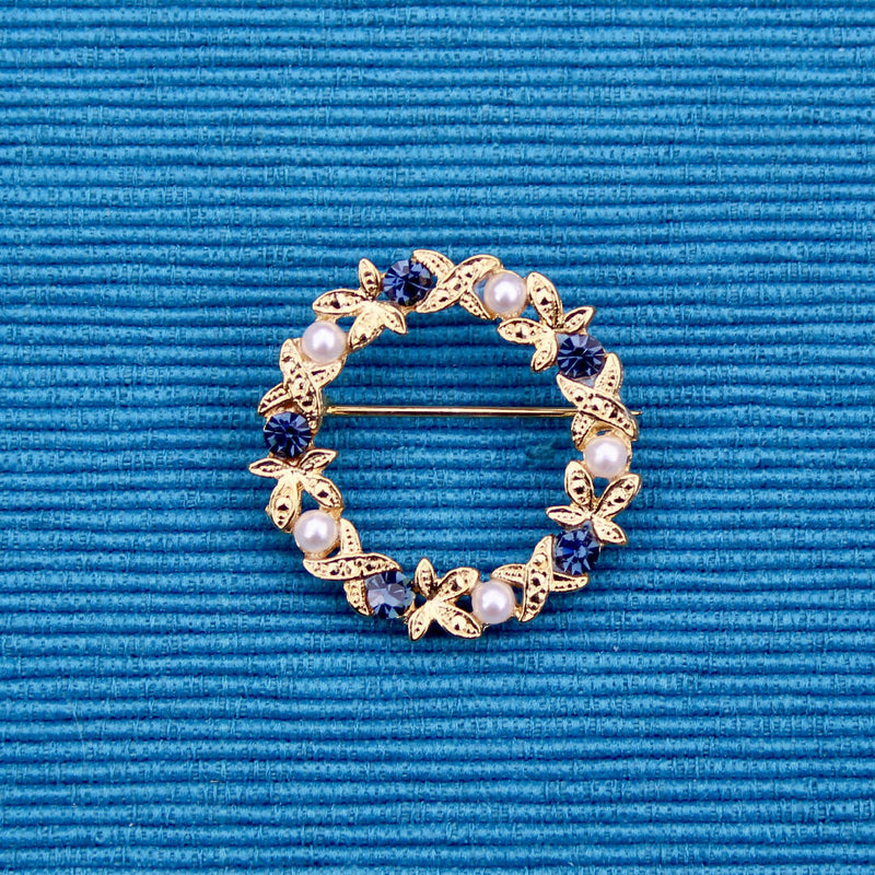 Vintage Pearl and Blue Rhinestone Wreath Brooch