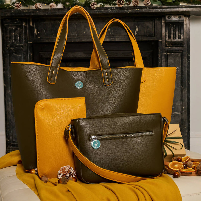 The Morphbag by GSK REVERSIBLE VEGAN TOTE IN KHAKI GREEN AND MUSTARD YELLOW