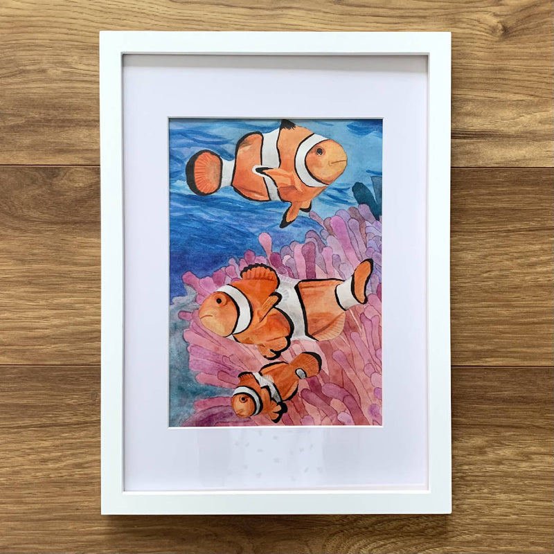 Bright Blue Ocean Orange Clownfish Watercolour Painting Wall Décor in a White Wooden Frame