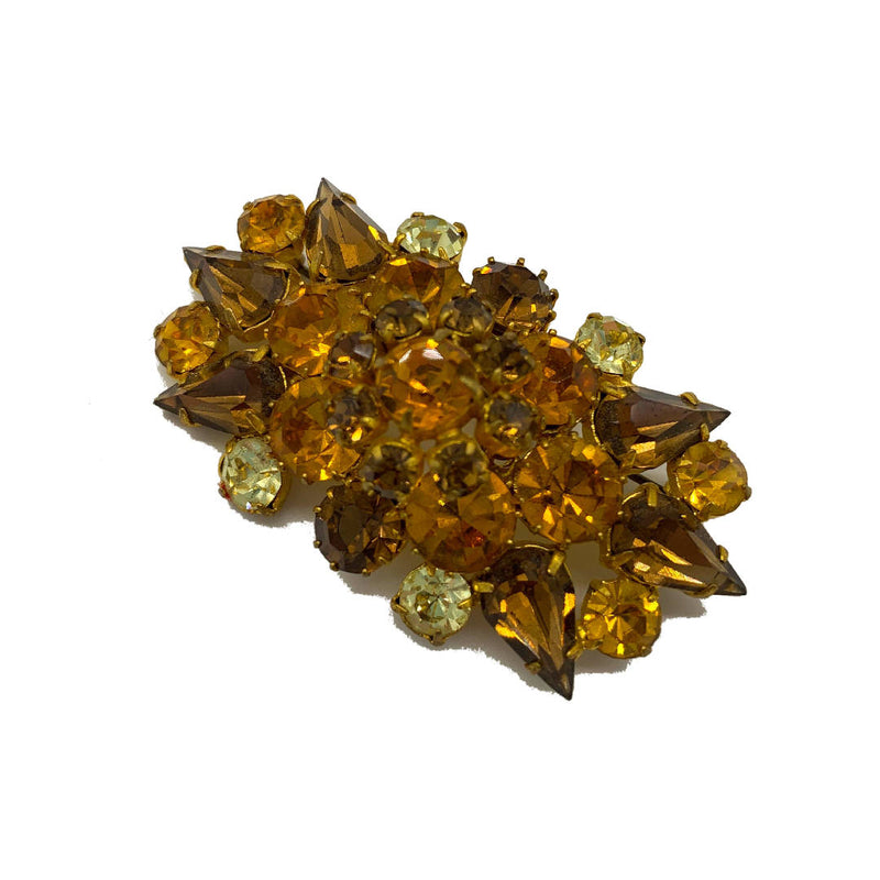 vintage faux crystal studded brooch in brown and gold colour