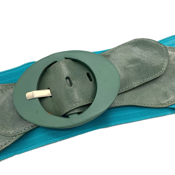 Vintage light blue elastic corset statement wide belt with mint green buckle