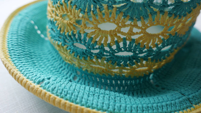 Linen teal green yellow crochet garden hat, sun protect granny beanie, summer bucket hat, bonnet cottagecore headwear, honeycomb cute hat