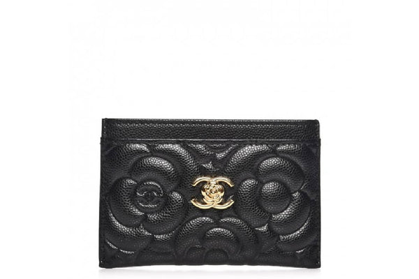 Chanel Card Holder Camellia Embossed Black