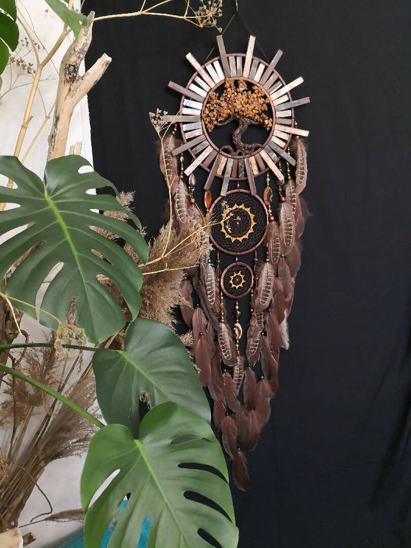 Large Dream catcher, Tree of life large brown Dreamcatcher wall hanging, Brown Dream catcher, Crystal wire Tree of Life Natural Dreamcatcher