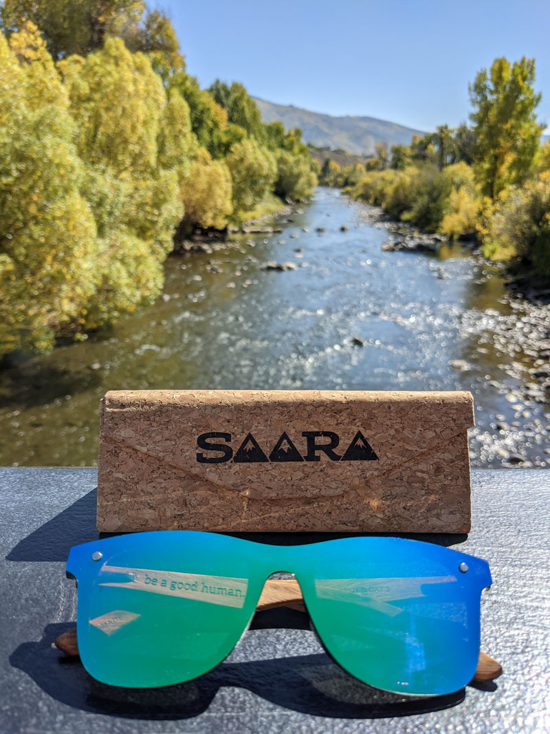 Emerald Sky - Green/Blue Polarized SAARA Shades Zebra Wood Arms