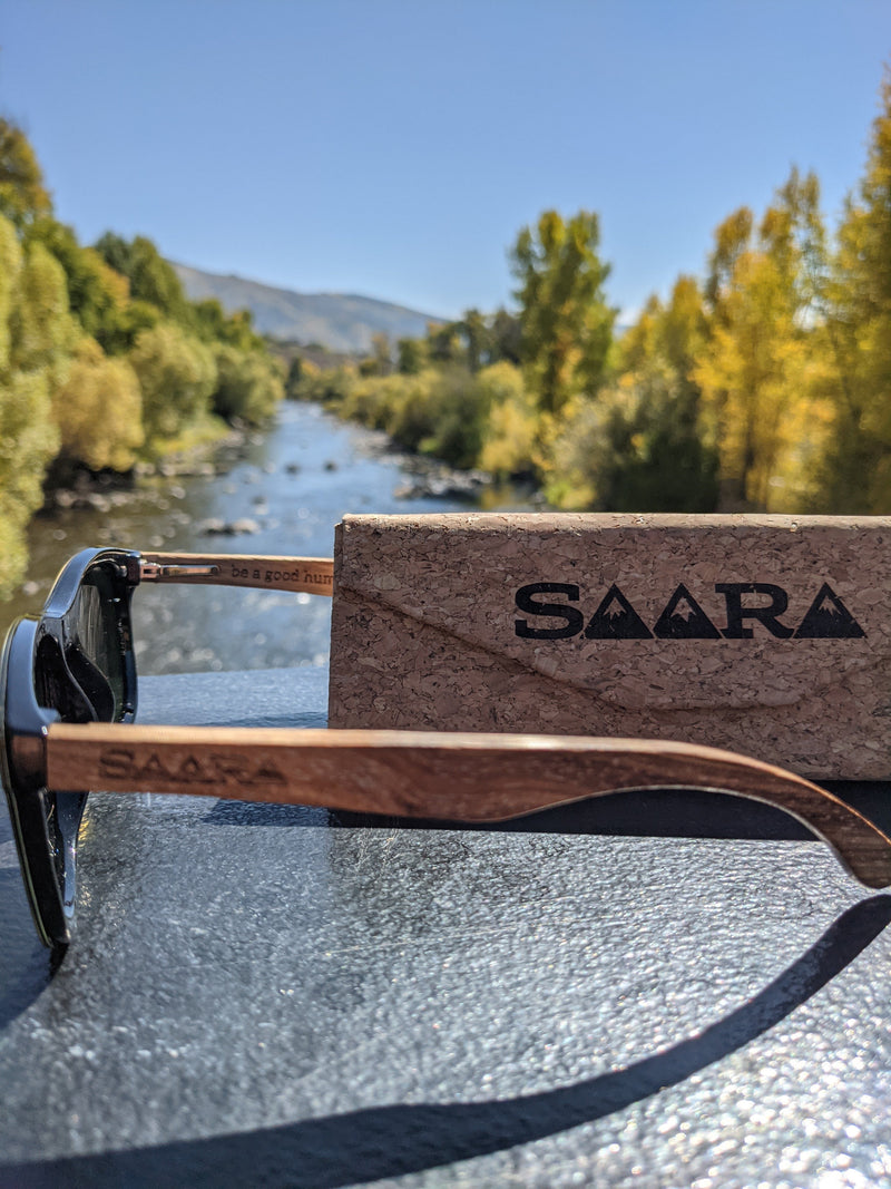 Emerald Sky - Green/Blue Polarized SAARA Shades Zebra Wood Arms