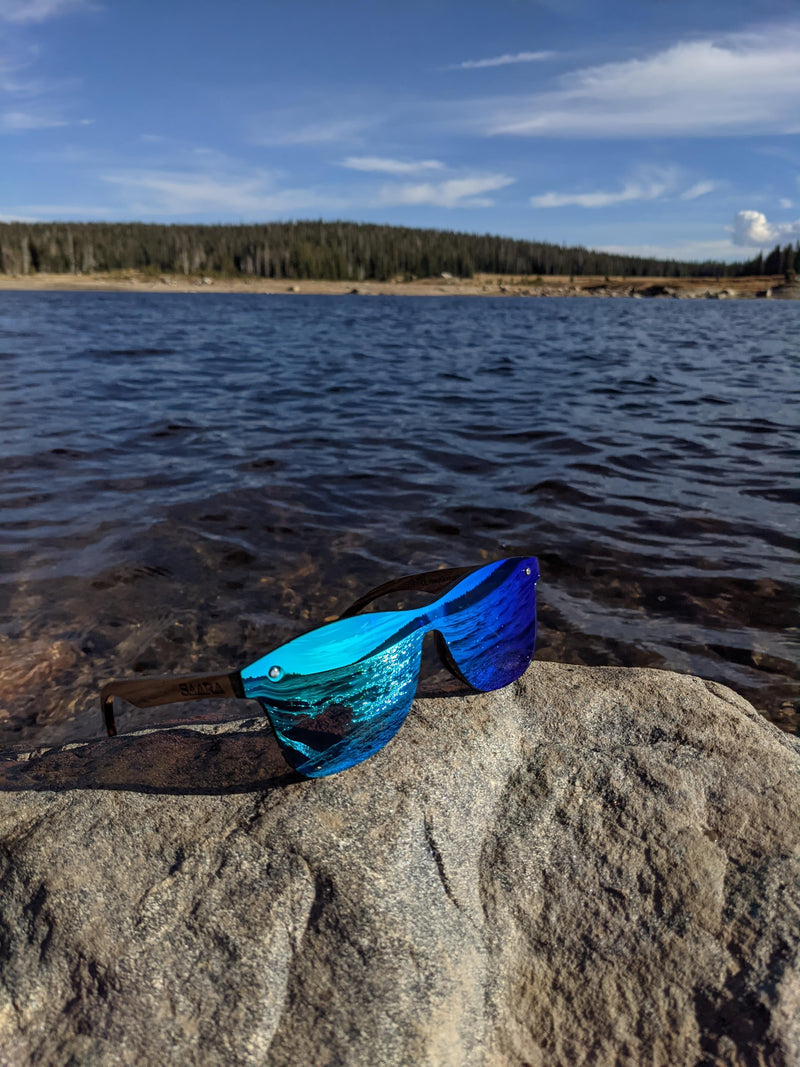 Emerald Sky - Green/Blue Polarized SAARA Shades Zebra Wood Arms