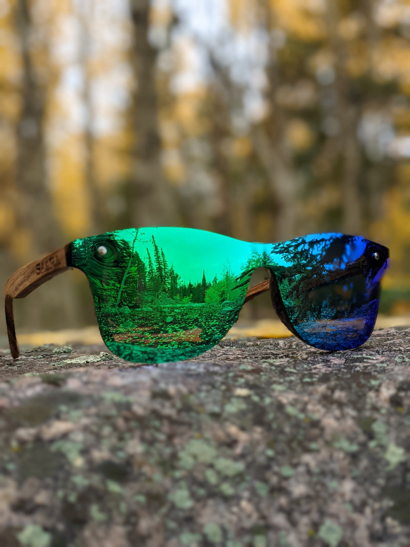 Emerald Sky - Green/Blue Polarized SAARA Shades Zebra Wood Arms