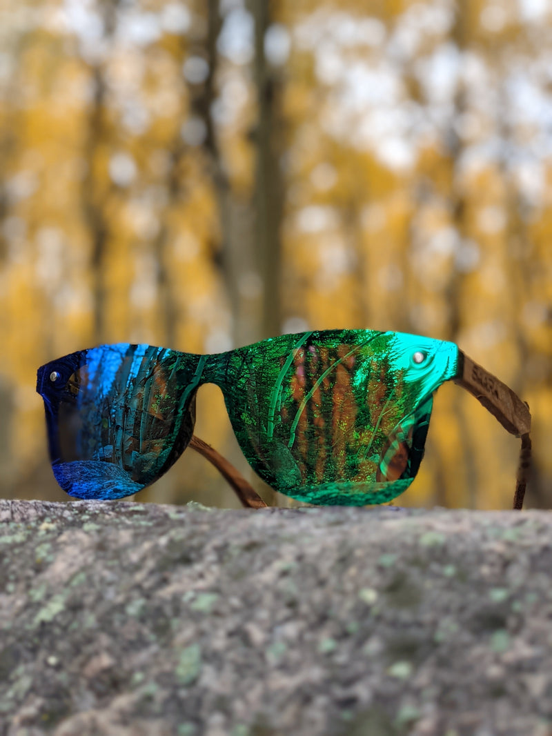 Emerald Sky - Green/Blue Polarized SAARA Shades Zebra Wood Arms