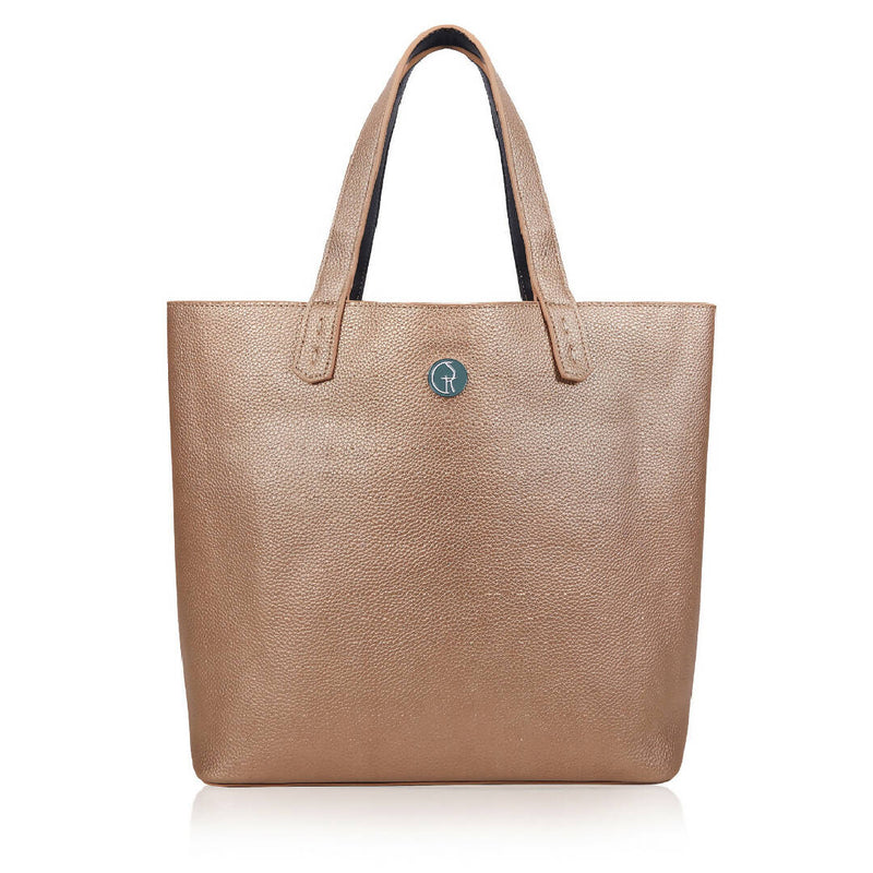 The Morphbag by GSK REVERSIBLE VEGAN TOTE IN BLACK AND ROSEGOLD