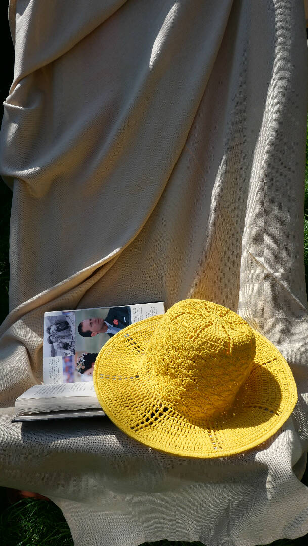 Handmade sun bonnet hat, honeycomb linen tulip hat, crochet garden hat, cottagecore yellow hat, summer floppy hat for women, wide brim hat