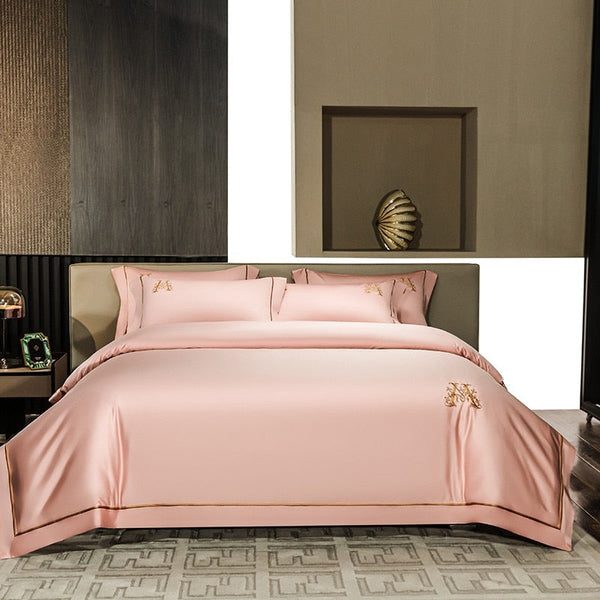 Luxury M Golden Embroidery S. Pink Duvet Cover Set (Egyptian Cotton) - 4 Piece Set