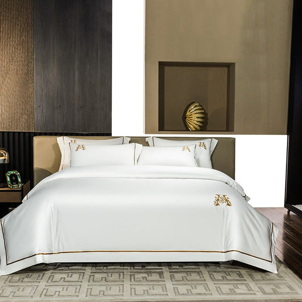 Luxury M Golden Embroidery S. White Duvet Cover Set (Egyptian Cotton) - 4 Piece Set