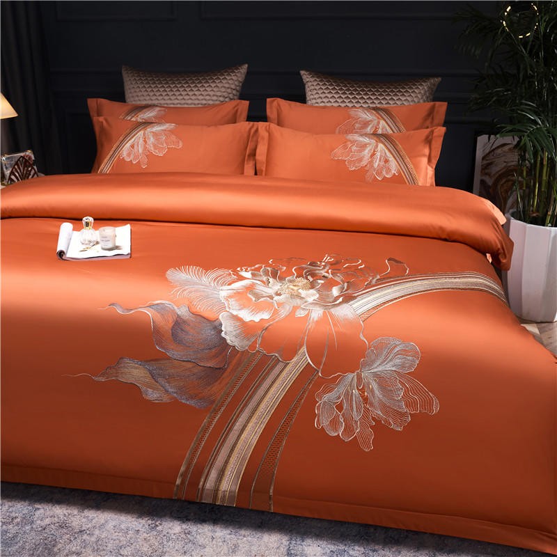 Liliflo Luxury Embroidered Orange Duvet Cover Set (Egyptian Cotton) - 4 Piece Set