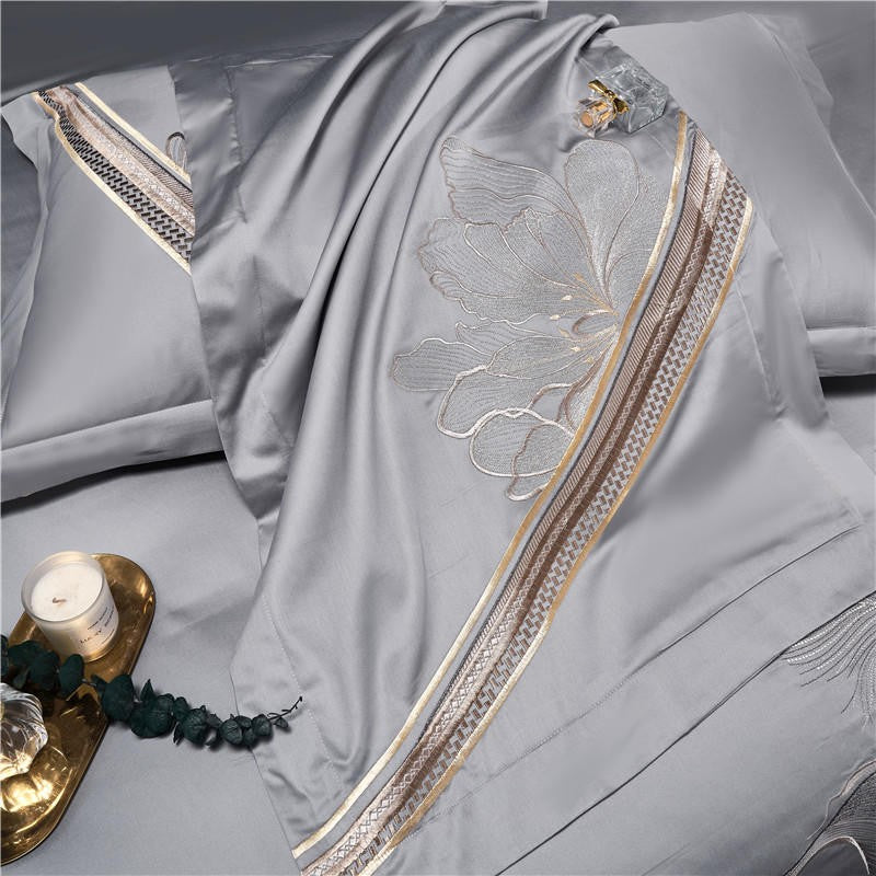 Liliflo Luxury Embroidered Grey Duvet Cover Set (Egyptian Cotton) - 4 Piece Set