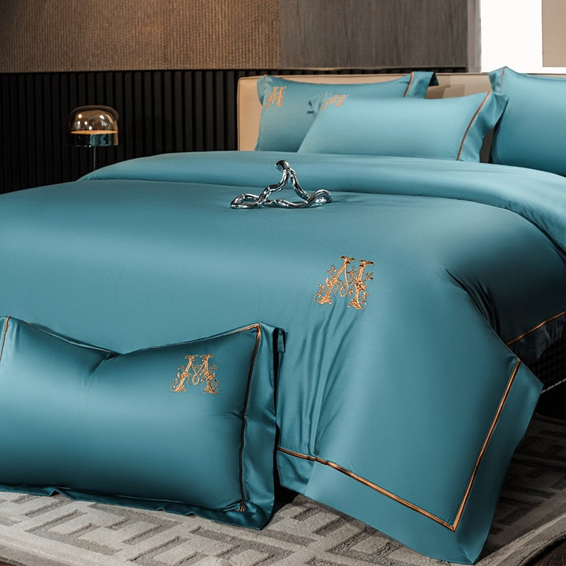 Luxury M Golden Embroidery S. Blue Duvet Cover Set (Egyptian Cotton) - 4 Piece Set