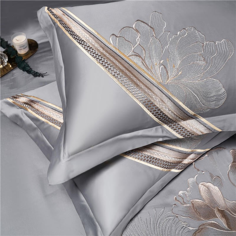 Liliflo Luxury Embroidered Grey Duvet Cover Set (Egyptian Cotton) - 4 Piece Set