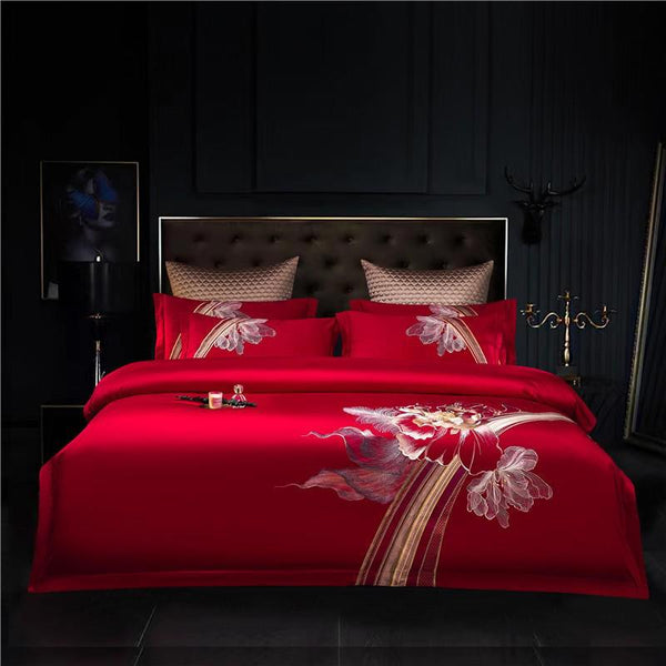 Liliflo Luxury Embroidered Red Duvet Cover Set (Egyptian Cotton) - 4 Piece Set