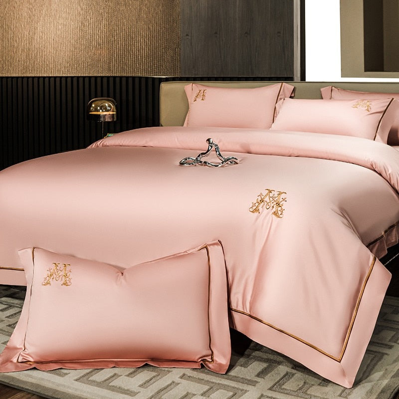 Luxury M Golden Embroidery S. Pink Duvet Cover Set (Egyptian Cotton) - 4 Piece Set