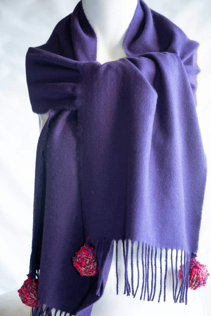 100% Cashmere Wrap with Hand-Knit Poms