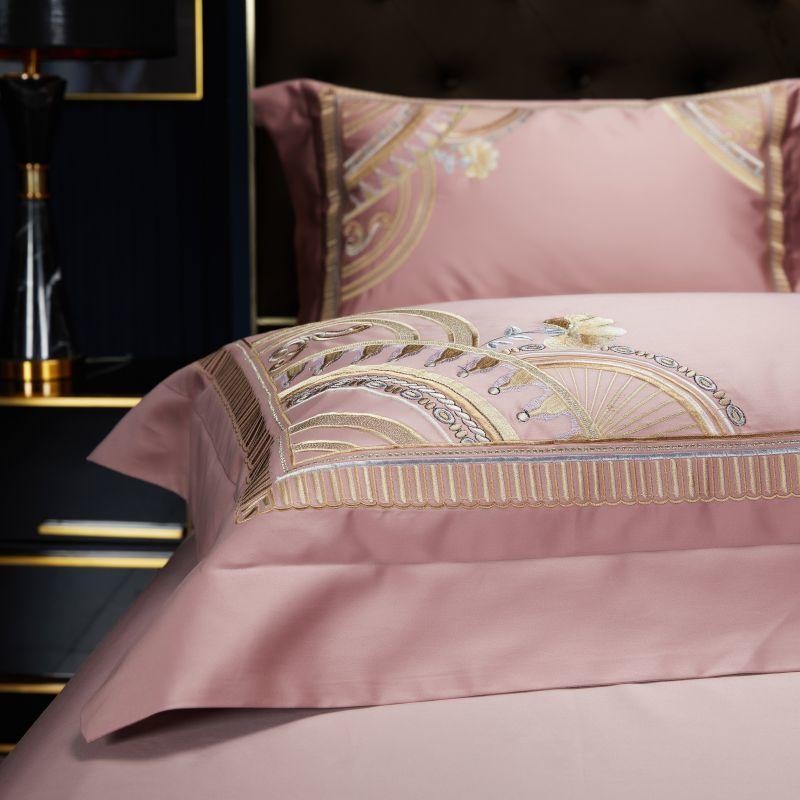 Luxury Golden Pumpkin Embroidery Pink Duvet Cover Set (Egyptian Cotton)- 4 Piece Set