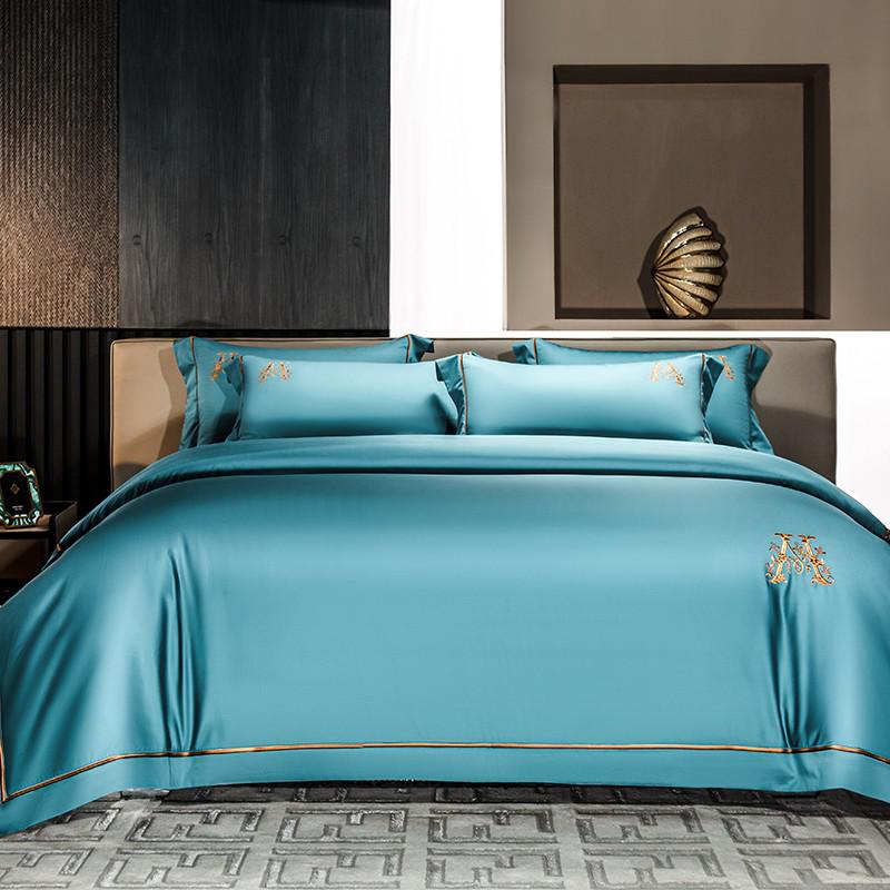 Luxury M Golden Embroidery S. Blue Duvet Cover Set (Egyptian Cotton) - 4 Piece Set