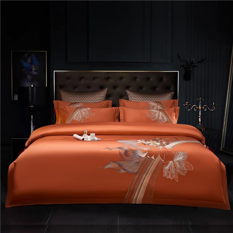 Liliflo Luxury Embroidered Orange Duvet Cover Set (Egyptian Cotton) - 4 Piece Set