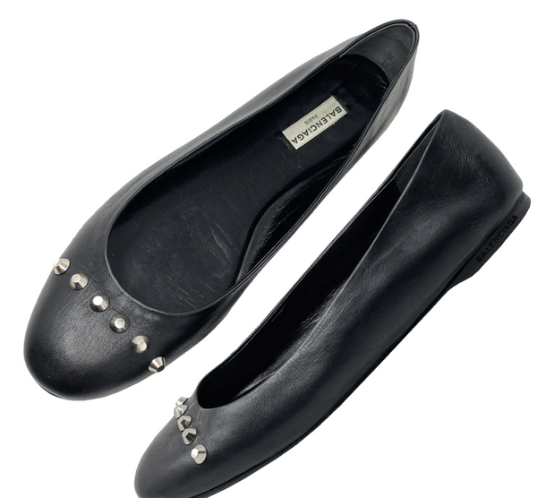 As New BALENCIAGA Black Soft Leather with Silver Studded Ballet Shoes Flats
