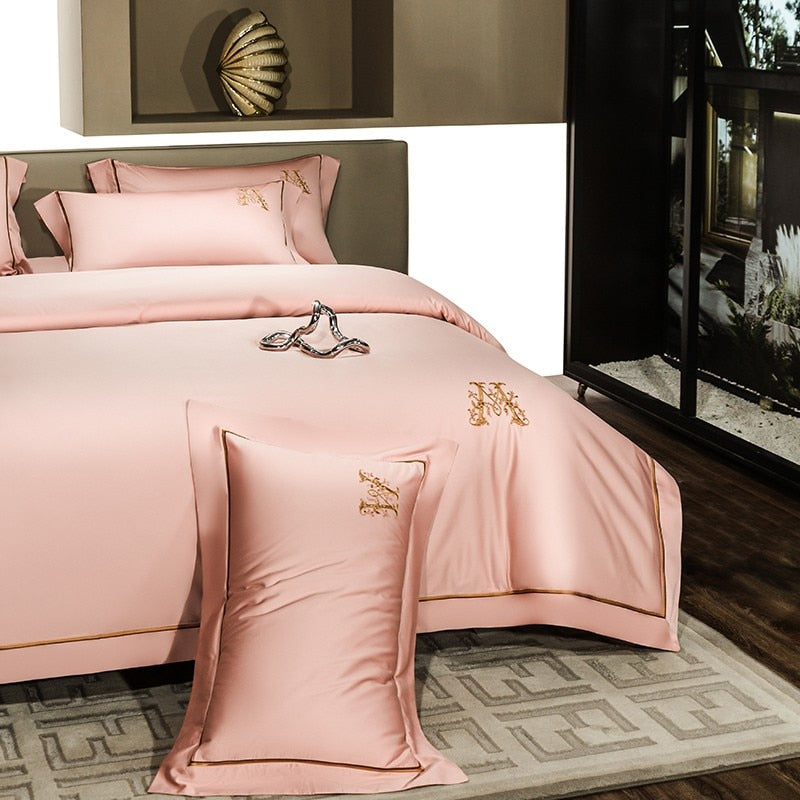 Luxury M Golden Embroidery S. Pink Duvet Cover Set (Egyptian Cotton) - 4 Piece Set