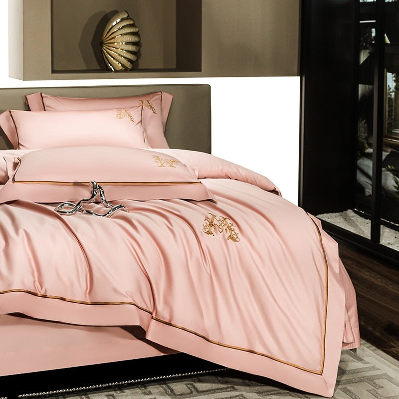 Luxury M Golden Embroidery S. Pink Duvet Cover Set (Egyptian Cotton) - 4 Piece Set