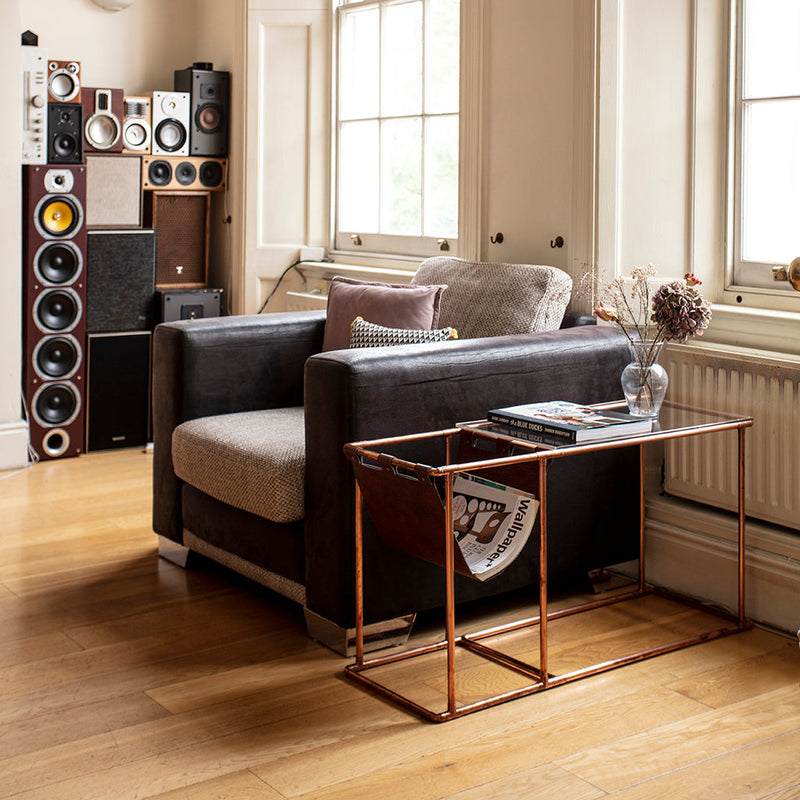 George: Handmade Side Table In Copper With Magazine Holder