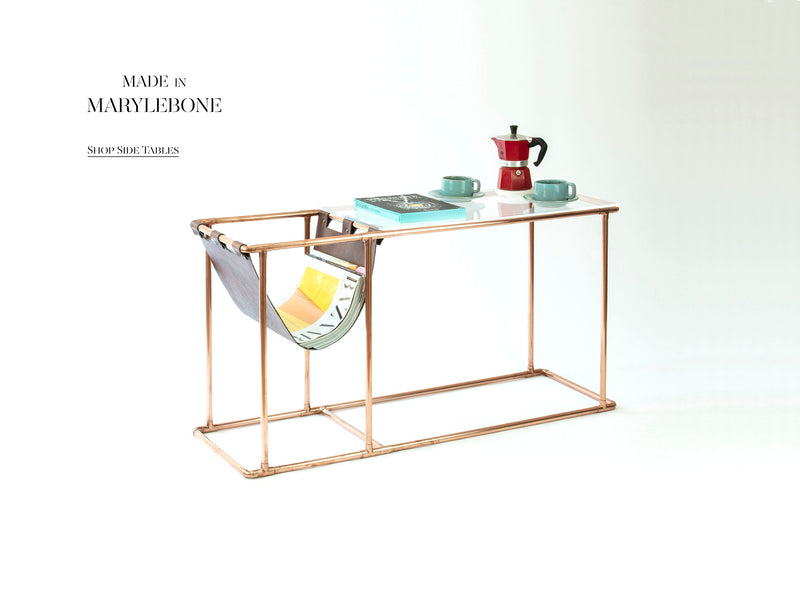 George: Handmade Side Table In Copper With Magazine Holder