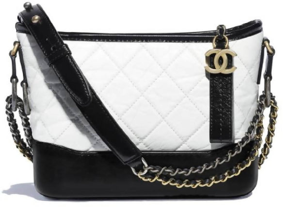 Chanel Gabrielle Hobo Bag Small Black/White in Calfskin with Silver/Gold-Tone