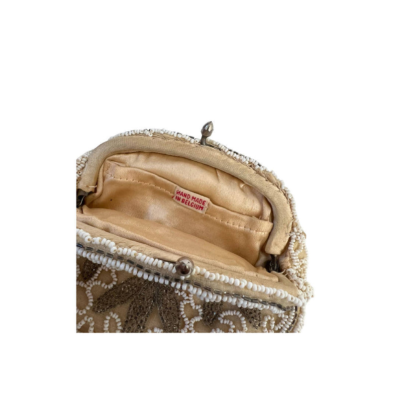 Antique French Handmade Cream Fan Art Deco Beadwork Clutch Bag