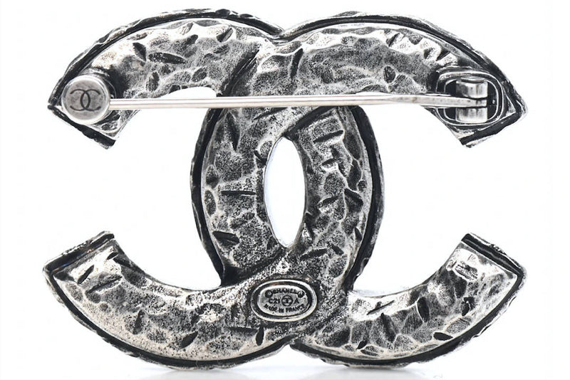 Chanel Ruthenium Crystal CC Brooch Silver