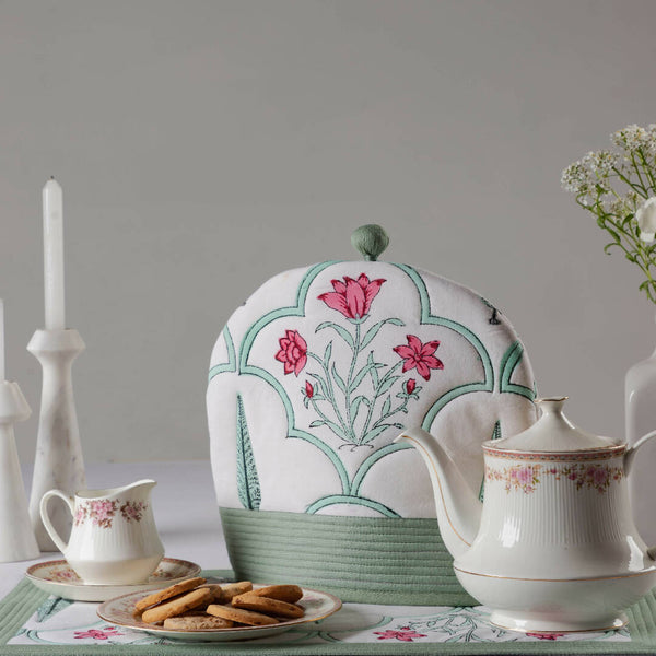 Teela Rose Handblock Printed Tea Cozy And Tray Cloth Set