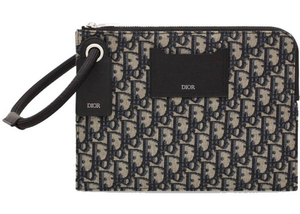 Dior Pouch Bag Oblique Black in Canvas/Grained Calfskin with Silver-tone