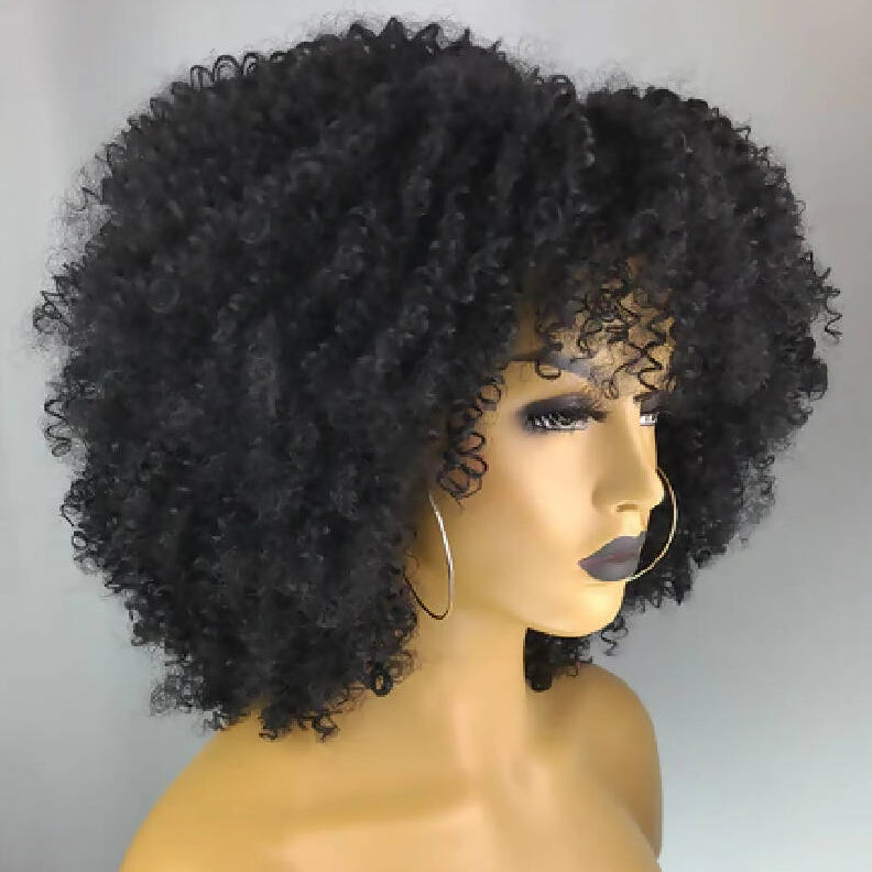 Afro Kinky Curly Wigs with Afro Hairline, 1B,14"