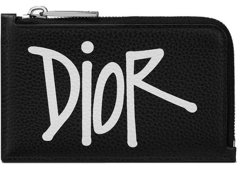 Dior And Shawn Zipped Card Holder (3 Card Slot) Black in Grained Calfskin with Ruthenium-tone