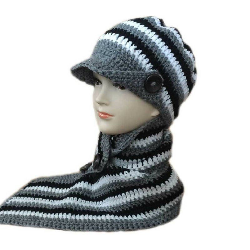 Woman Scarf & Hat Black Gray White Set