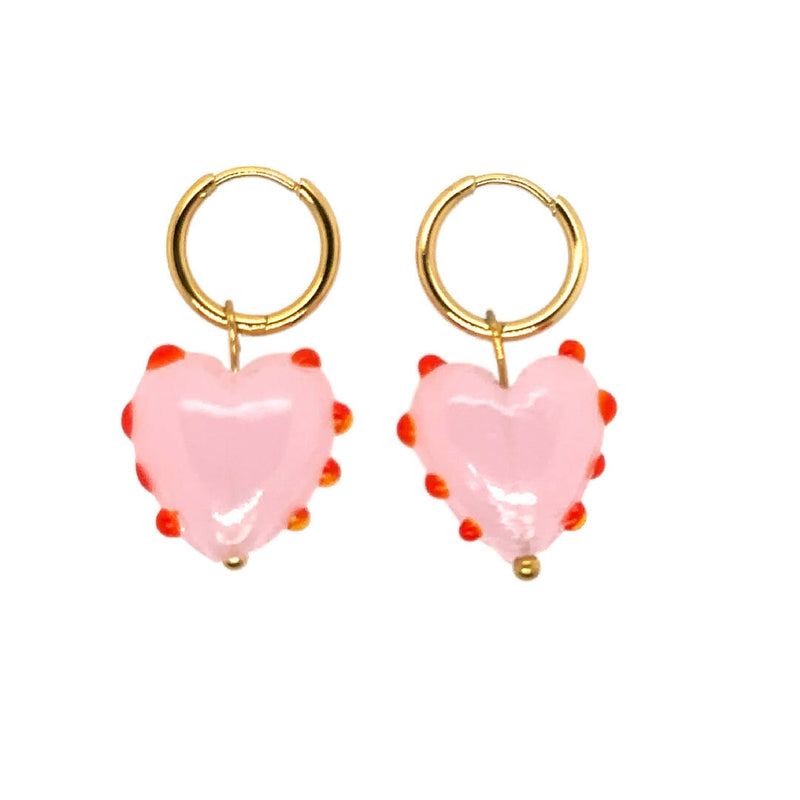 Gold Hoops with Pink and Red Heart Charms
