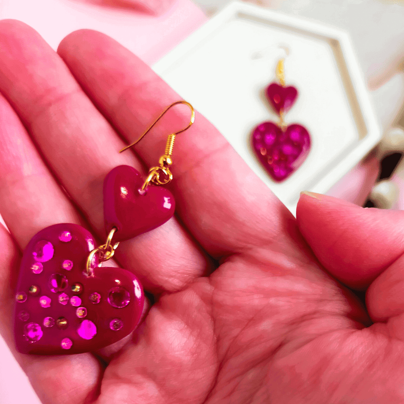 "Love" Pink Medium Heart Gem Dangle Earrings