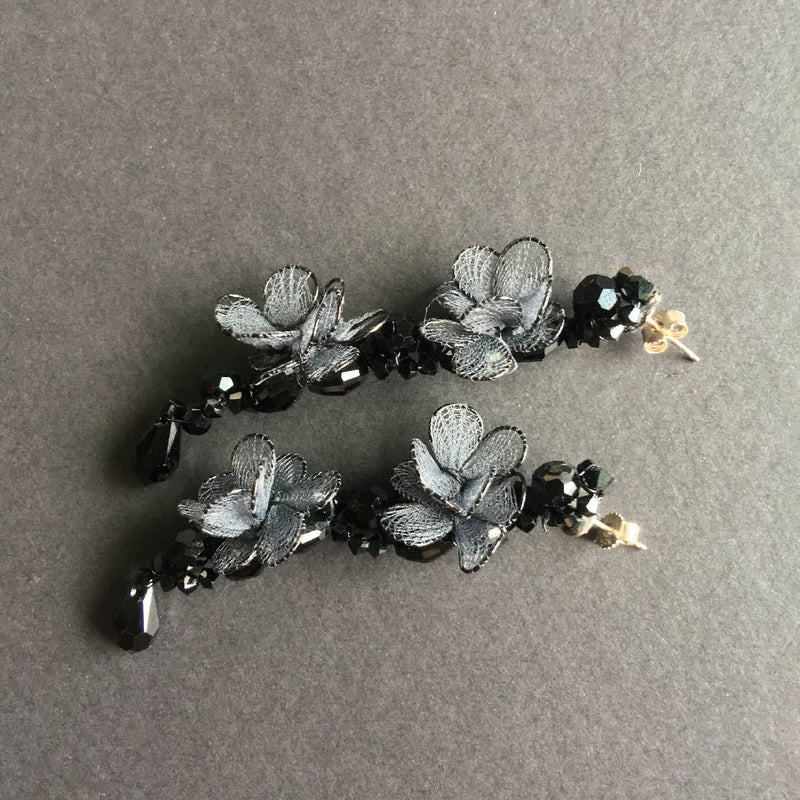 Beautiful handcrafted Swarovski crystal black flower earrings