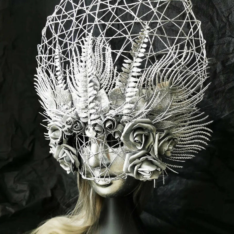 Headdress Masquerade mask. Large silver FLOWERS Catrina mask. Day of the dead mask. Dia de Muertos art mask carnival Halloween mask silver