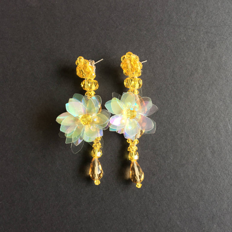 Shiny handcrafted yellow floral earrings