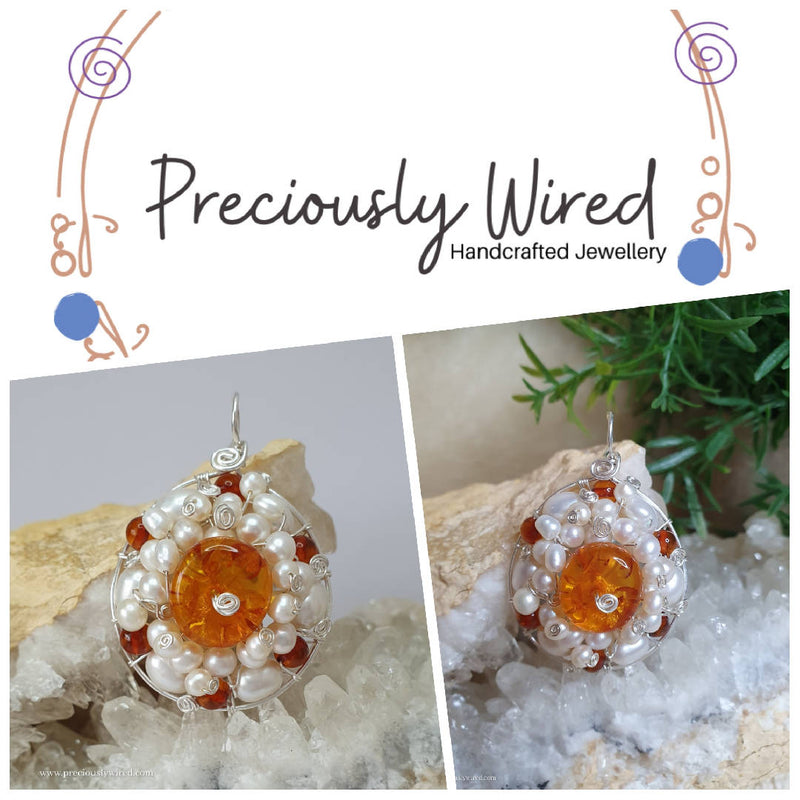 Amber Pearl Sterling Wire Wrapped Round Pendant by Preciously Wired